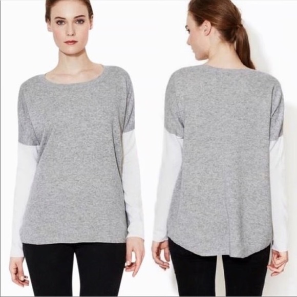 Vince Color Block Wool Cashmere Bateau Sweater Small Oversized Boxy Grey Cream - Picture 13 of 14